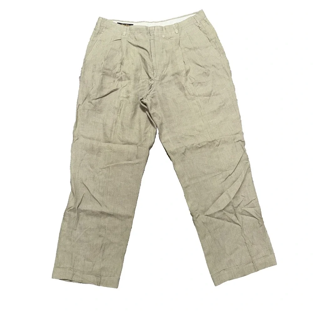 Vtg USA Made Brooks Brothers 38x30 Khaki Herringbone Linen Pleated Cuffed Pants